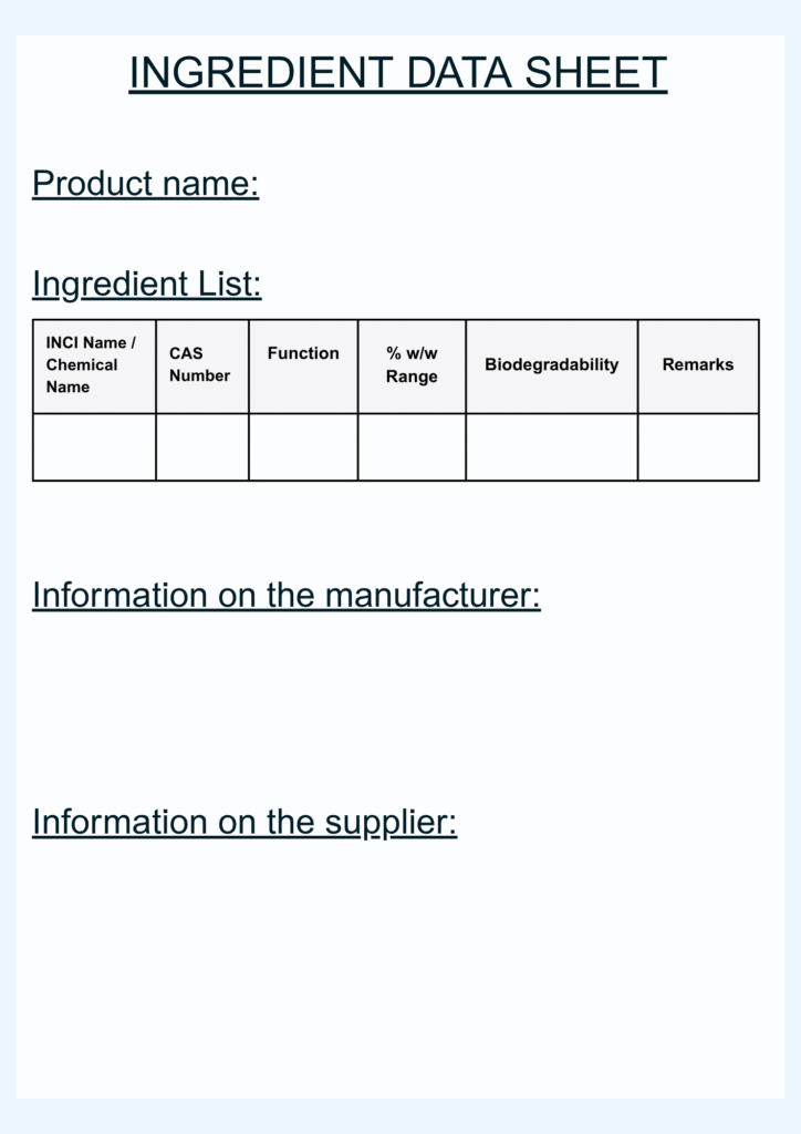 Ingredient data sheet example